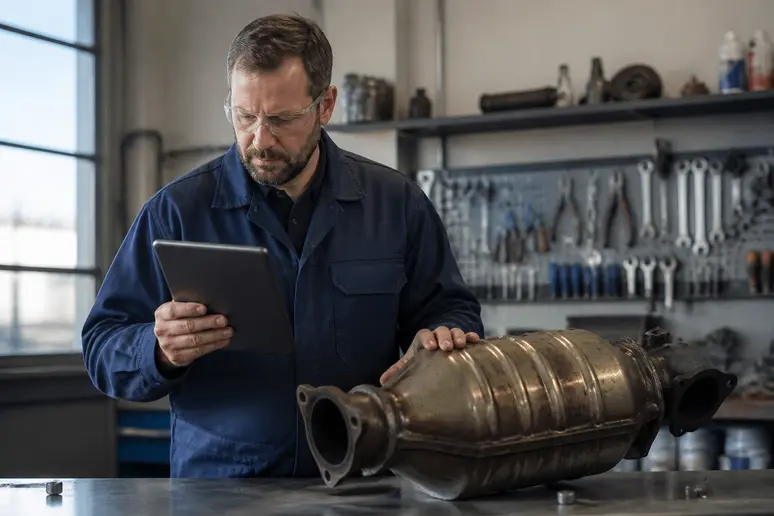 Un mécanicien français examine un catalyseur usagé, tablette en main, dans son atelier lumineux, soulignant le processus de tri.