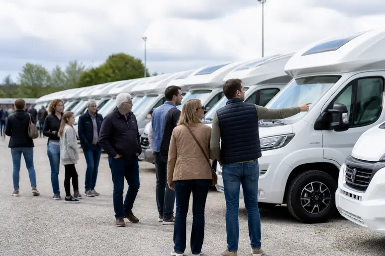 Un groupe de Français compare les différents modèles et gammes de camping-cars Benimar dans une concession.