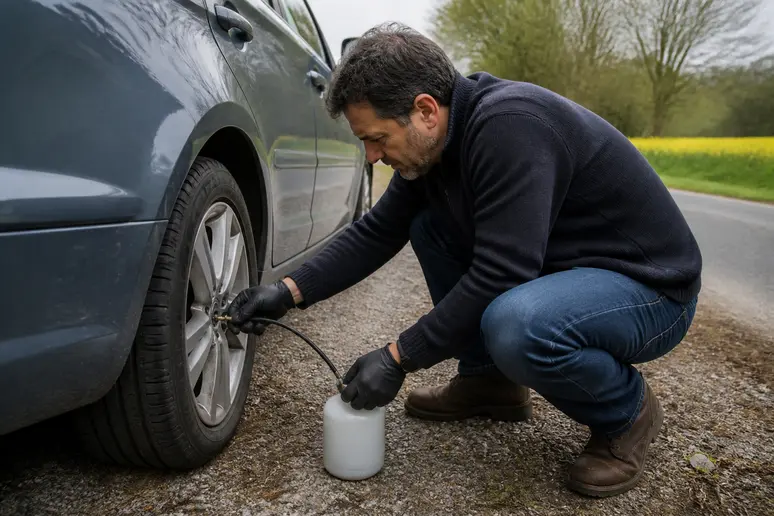 Un automobiliste français utilise une bombe anti-crevaison sur son pneu, sur le bas-côté d'une route.