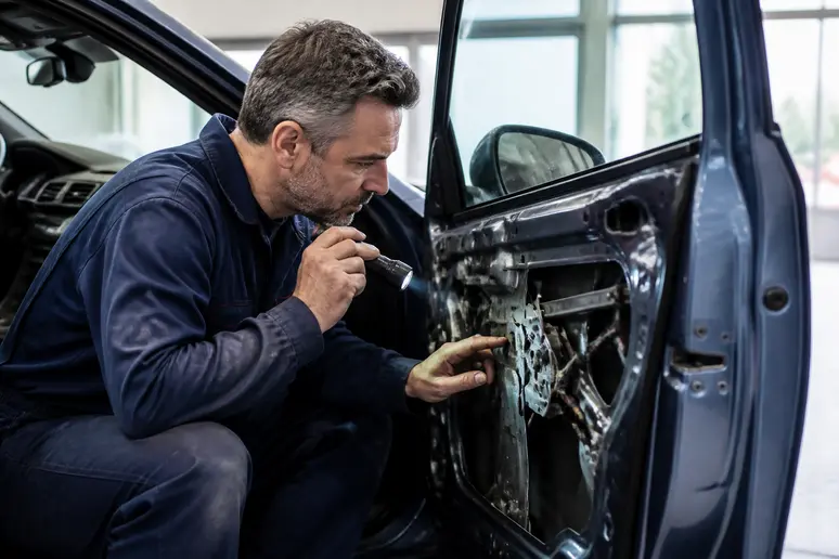 Un mécanicien français expérimenté examine attentivement le montant intérieur d'une portière de voiture dans un atelier moderne pour localiser le code couleur.