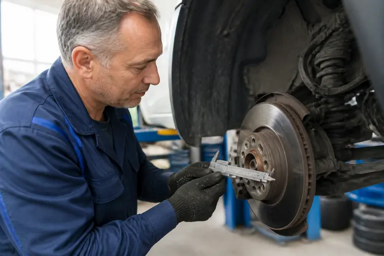Un mécanicien français contrôle l'épaisseur d'un disque de frein de voiture dans un atelier professionnel, soulignant l'importance de la vérification.