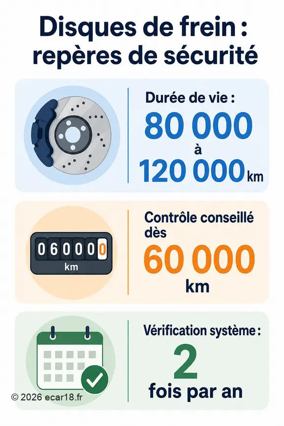 Infographie des repères de sécurité pour les disques de frein : durée de vie, kilométrage de contrôle et fréquence de vérification.