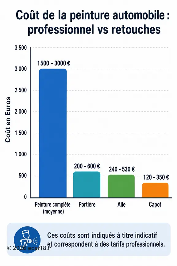 Comparaison des coûts professionnels pour repeindre une voiture entière, une portière, une aile et un capot.