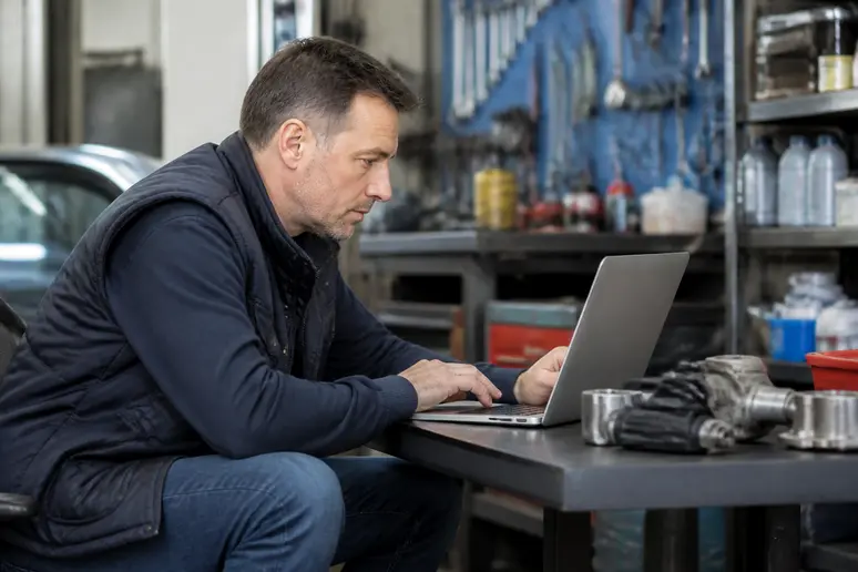 Un homme d'âge moyen utilise un ordinateur portable dans un garage pour rechercher des pièces automobiles spécifiques sur une plateforme en ligne.