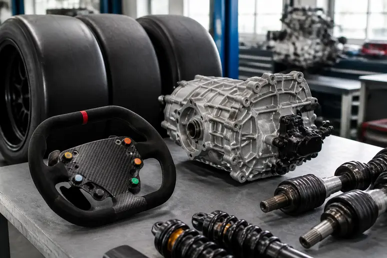 Un assortiment de pièces automobiles de haute performance, incluant un volant de course et des pneus slick, disposées sur un établi de garage.