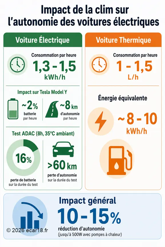 Infographie comparant la consommation énergétique de la climatisation des voitures électriques et thermiques, et son impact sur l'autonomie.