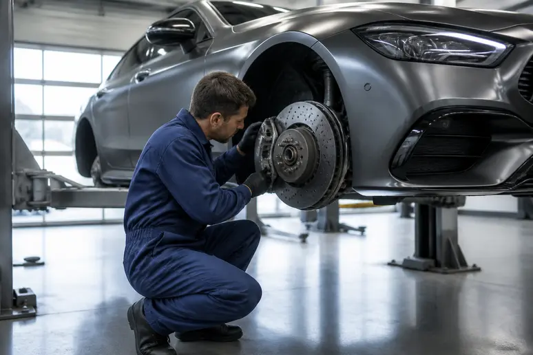 Mécanicien contrôlant les freins carbone-céramique d'une amg gt 63 s dans un garage moderne français.