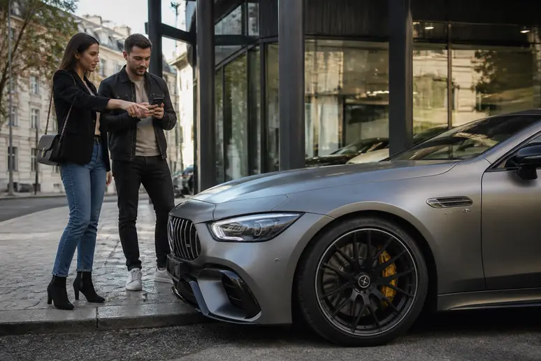 Couple français contemplant une amg gt 63 s devant une concession, anticipant l'achat.