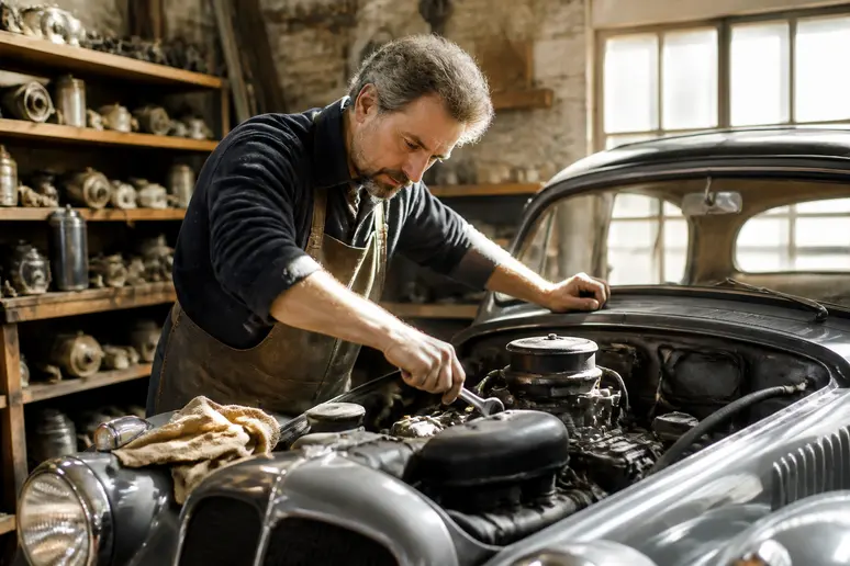 Mécanicien inspectant le moteur d'une assurance voiture ancienne dans son atelier, lumière naturelle.