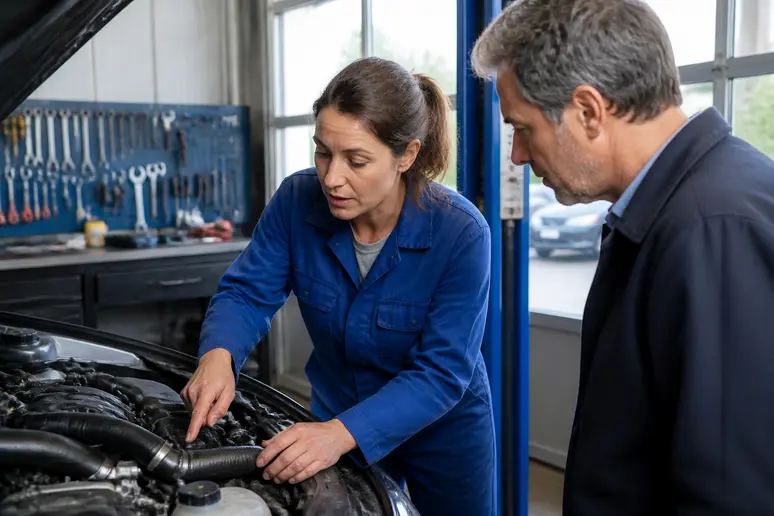 Atelier de mécanique automobile en France, un mécanicien explique à un client l'entretien atoutfret blog auto.
