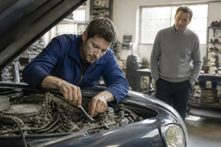 Aurélien Letheux, expert en mécanique, travaille sur un moteur de voiture classique dans son atelier.