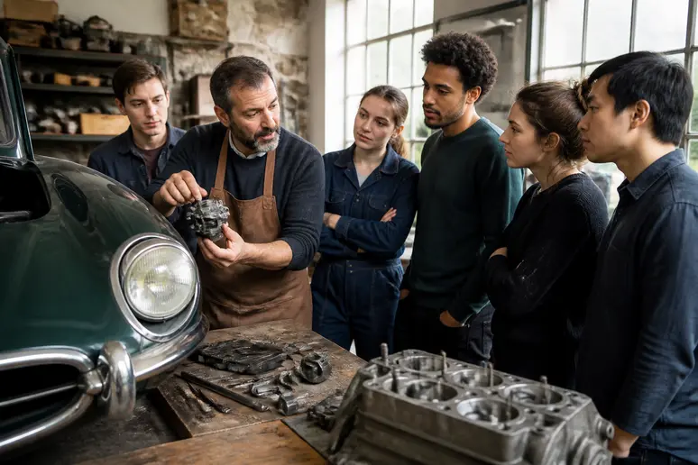 Aurélien Letheux partage ses connaissances lors d'un atelier mécanique avec de jeunes passionnés.