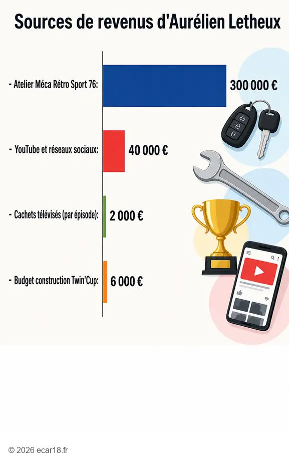 Comparaison des revenus d'Aurélien Letheux, mécanicien de Wheeler Dealers, issus de son atelier et de sa présence médiatique.