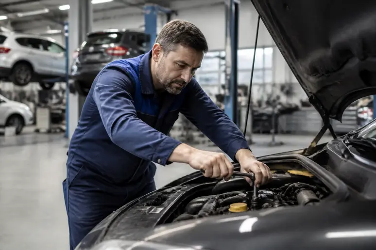 Mécanicien professionnel effectuant un entretien sur une voiture dans l'atelier autosphere nantes.