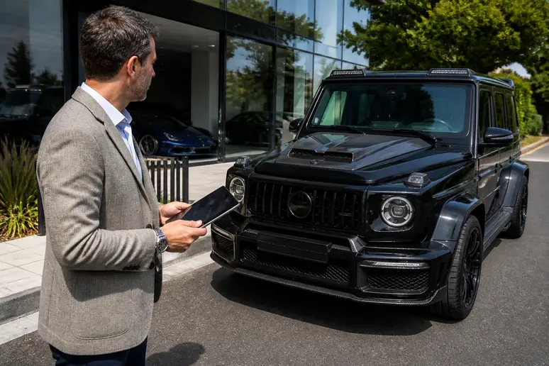 Un homme évalue les performances du Brabus Rocket 900 devant une concession automobile.