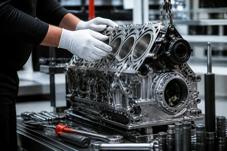 Mains de mécanicien expertes travaillant sur un moteur V8 pour le Brabus Rocket 900.