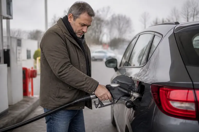 Calcul consommation essence : homme vérifiant le carburant de sa voiture pour optimiser le calcul.