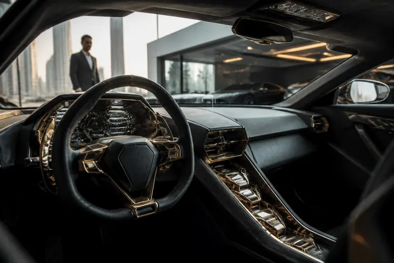 Tableau de bord luxueux de la car lykan avec écran holographique et incrustations d'or.