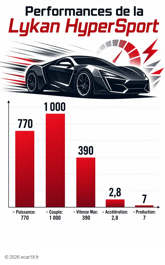 Comparaison des performances de la supercar Lykan HyperSport : puissance, couple, vitesse, accélération et production.