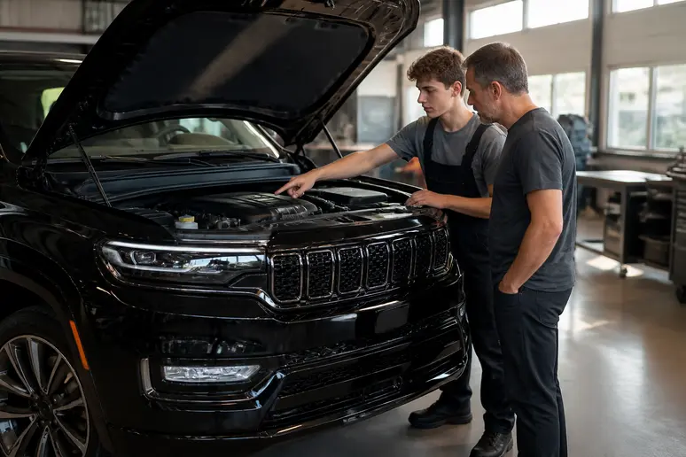 Père et fils examinant le moteur d'un Jeep Grand Wagoneer 2026 dans un atelier, discutant de mécanique, chrysler wagoneer.