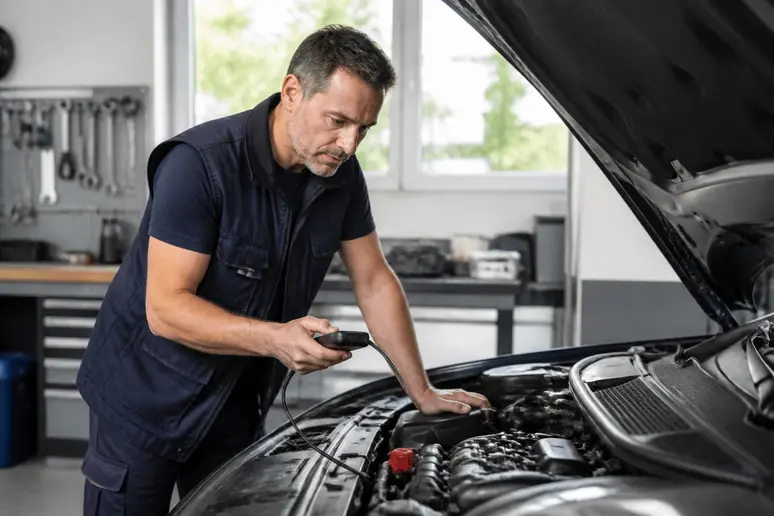 Mécanicien français diagnostiquant un defaut-moteur-faites-reparer-le-vehicule avec une valise OBD.