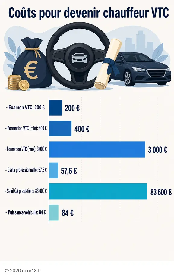 Comparaison des coûts pour devenir chauffeur VTC en 2026 : examen, formation, carte pro, seuils CA et puissance véhicule.