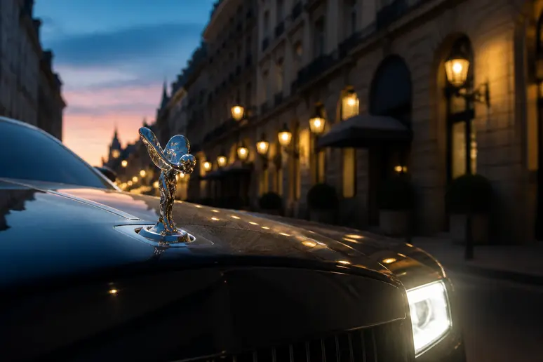 La Spirit of Ecstasy, icône du logotipo rolls royce, brille sur le capot d'une Rolls-Royce parisienne.