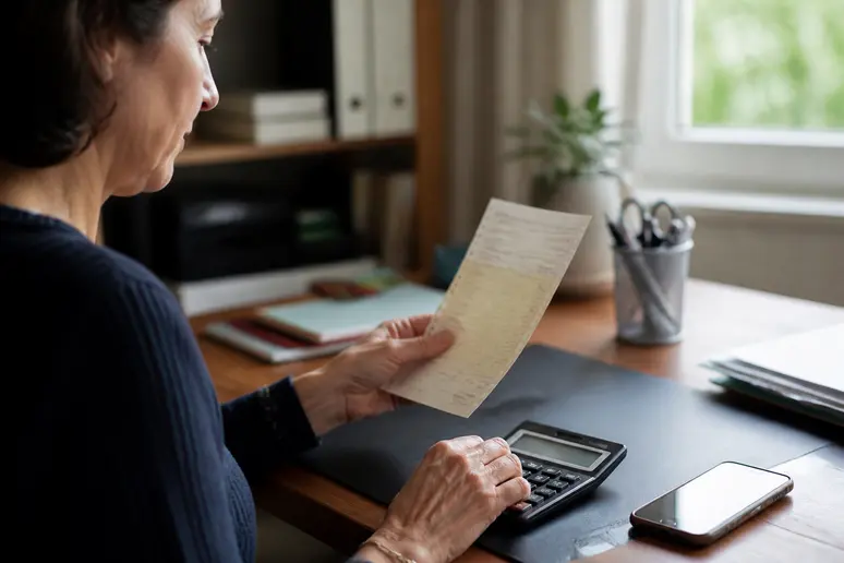 Une femme consulte le coût de la carte grise pour sa m1000r, calculatrice et smartphone à l'appui.
