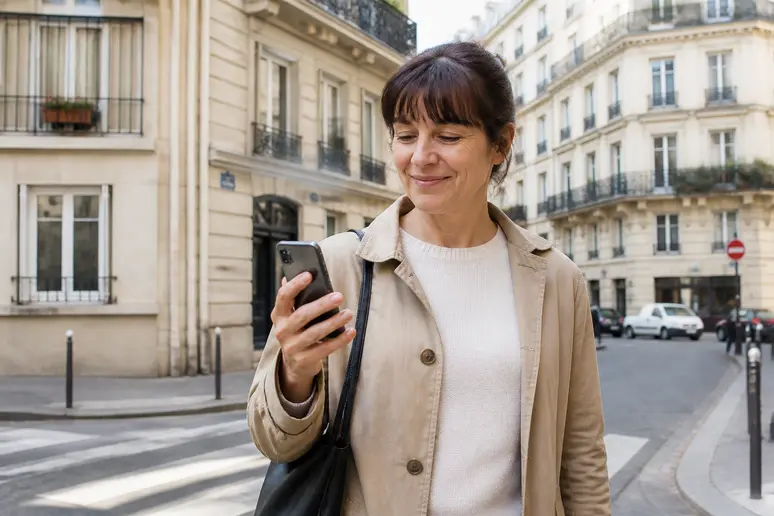 Une Parisienne consulte son smartphone pour planifier un itinéraire piéton sur Mappy dans les rues typiques de la capitale.