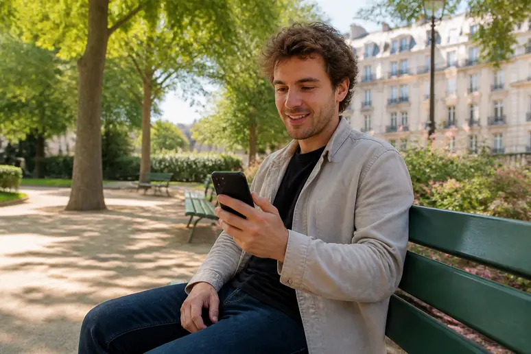 Un jeune homme profite d'une pause sur un banc ensoleillé pour optimiser son trajet piéton sur Mappy.