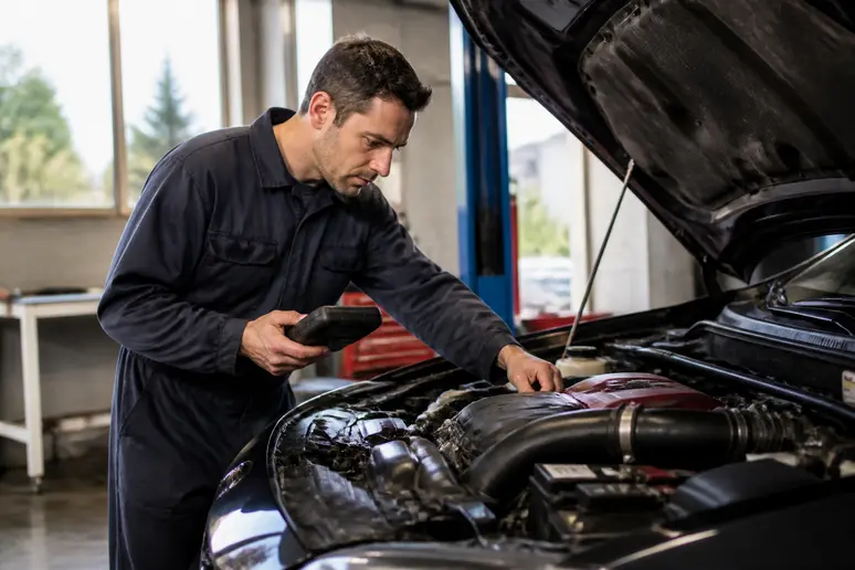 Mécanicien français inspectant la boîte TC-SST d'une mitsubishi lancer evolution automatic d'occasion.