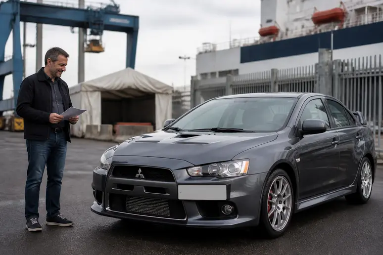 Importateur français examinant une mitsubishi lancer evolution automatic fraîchement importée.