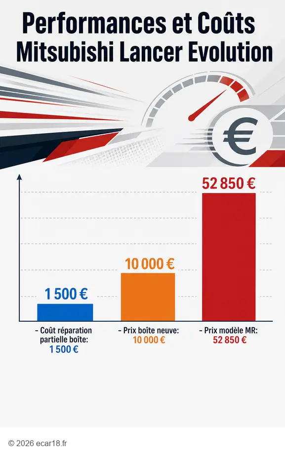 Comparaison des coûts : réparation partielle, remplacement boîte et prix d'une Mitsubishi Lancer Evolution automatique.