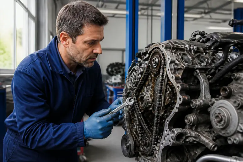 Mécanicien français inspectant la chaîne de distribution du moteur N47 dans un garage professionnel.