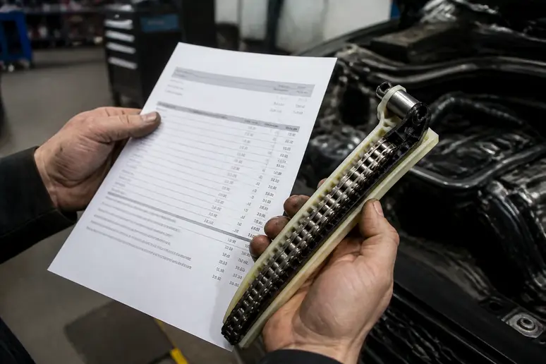 Facture détaillée pour une réparation du moteur N47 avec un mécanicien tenant une pièce auto.