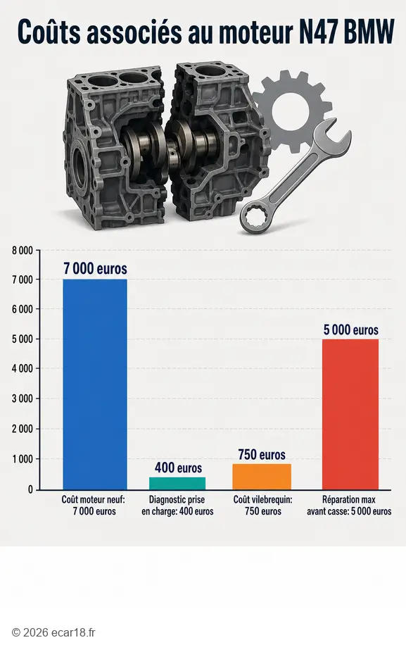 Infographie des coûts du moteur N47 BMW : moteur neuf, diagnostic, vilebrequin et réparation avant casse.