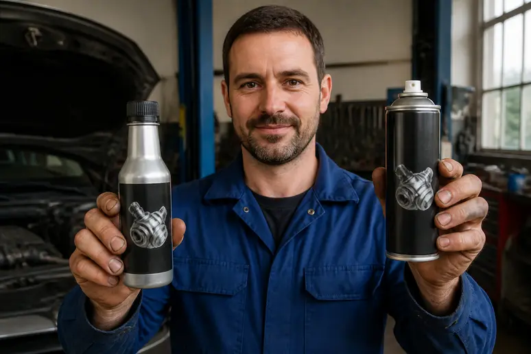 Mécanicien français présente des produits nettoyant vanne EGR, additif et spray pour entretien auto.