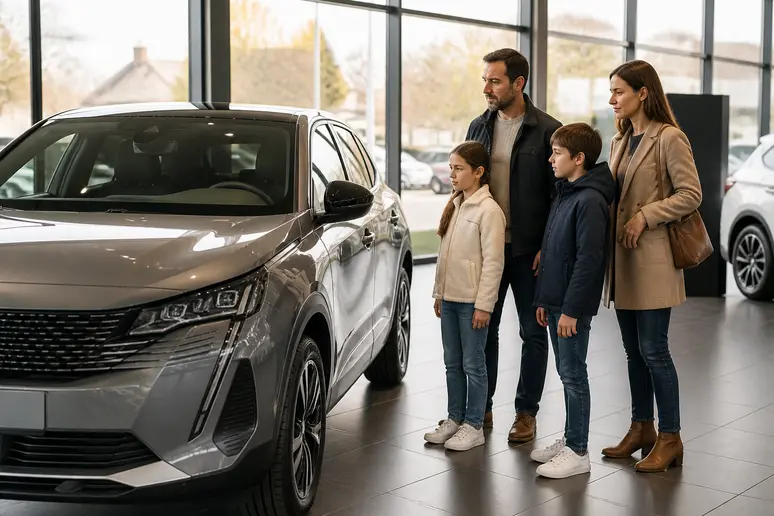 Famille évaluant le prix de la nouvelle Peugeot 3008 en concession