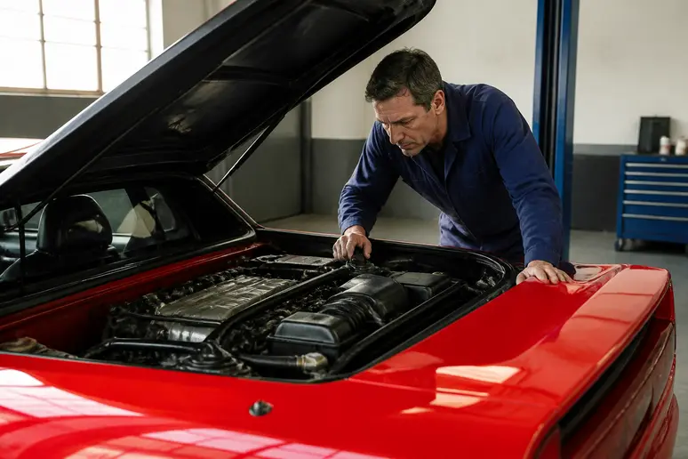 Mécanicien français expert vérifiant le moteur d'une Honda NSX classique dans un atelier parisien.