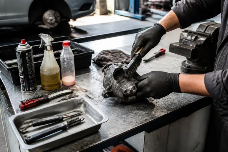 Préparation méticuleuse de la peinture-etrier-de-frein avec brosse métallique dans un atelier français.
