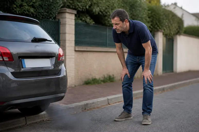 Un homme français regarde sa voiture suspectant une perte de puissance et de la fumée noire d'échappement.