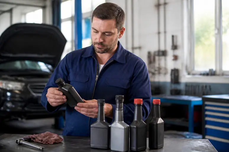 Un mécanicien français examine plusieurs bidons d'additifs diesel dans un atelier bien éclairé et ordonné.