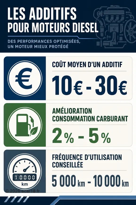 Infographie résumant le coût moyen, l'amélioration de la consommation et la fréquence d'utilisation des additifs pour moteur diesel.