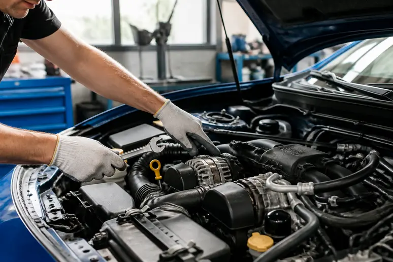 Mécanicien français inspecte le moteur d'une Subaru BRZ avant achat.