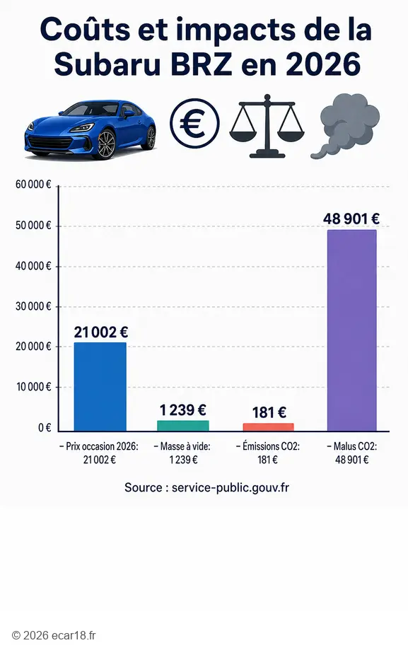 Comparatif prix occasion, masse, émissions CO2 et malus pour Subaru BRZ en 2026.