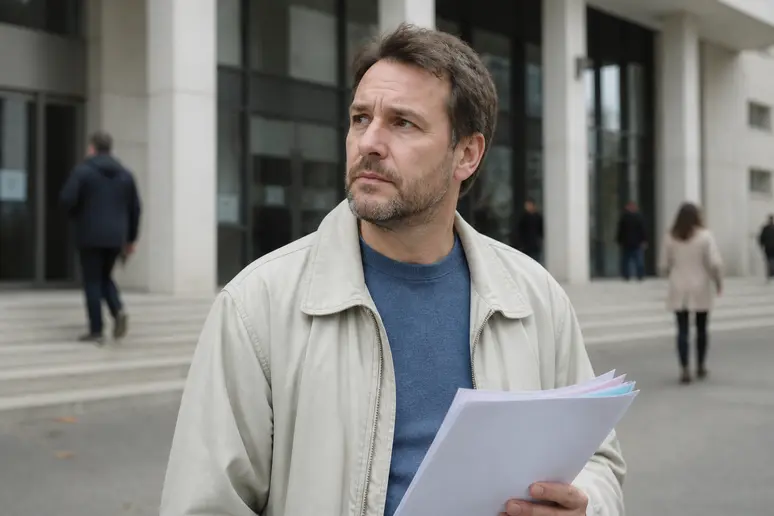Un homme réfléchit devant un bâtiment administratif, documents à la main, après l'expiration de la validité de son code de la route.