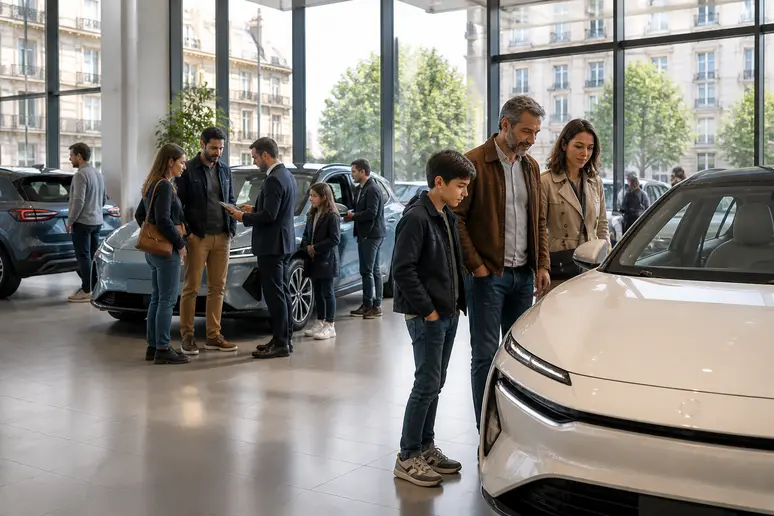Familles françaises découvrant les avantages des voitures chinoises marques dans un showroom moderne.