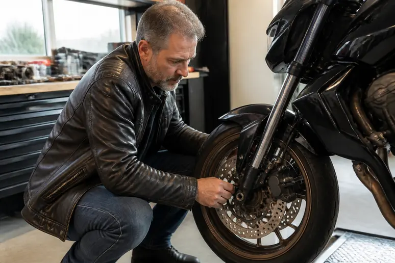 Un mécanicien examine les freins d'une Kawasaki Z750 dans un atelier.