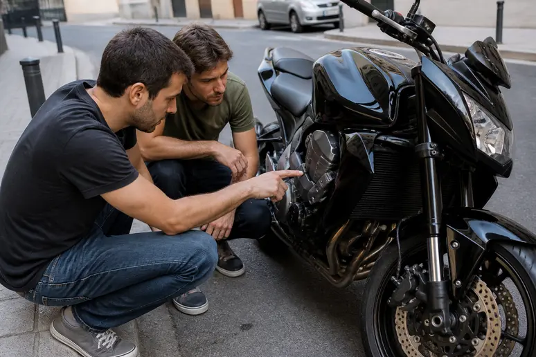 Deux motards discutent de la mécanique d'une Kawasaki Z750 sur une rue.