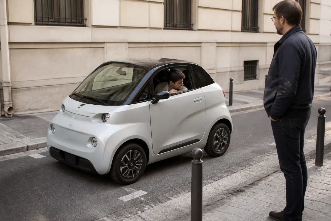 Un jeune conducteur gares une voiture sans permis en ville pour illustrer l'âge voiture sans permis.